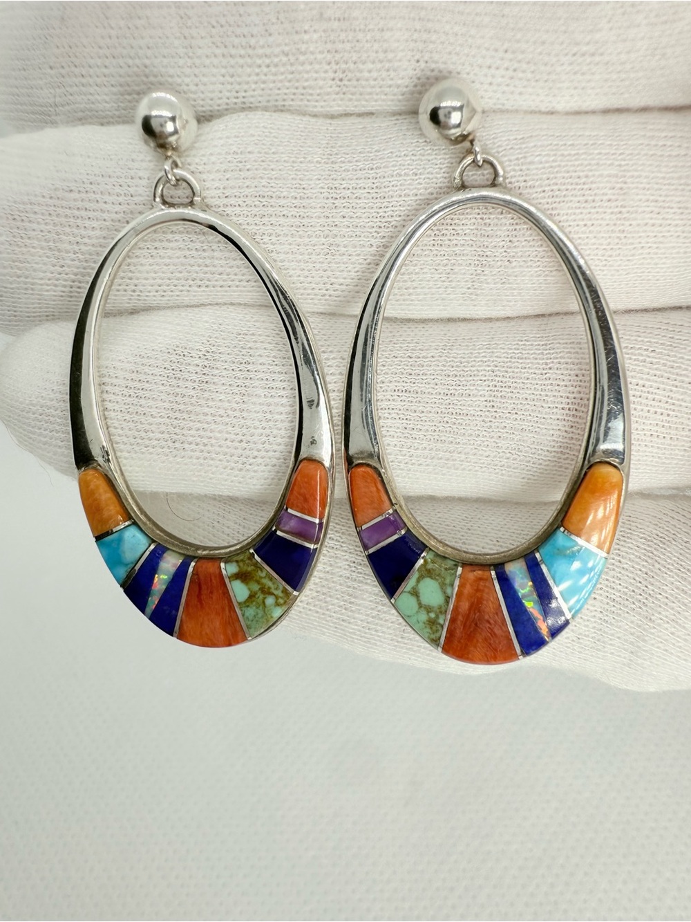 Multicolor Inlay Oval Drop Earrings - Sterling Silver
